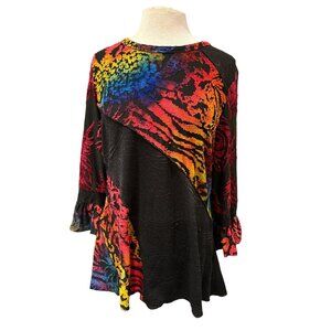Colorful Abstract Print Long Sleeve Tunic Top By Calessa Medium 70% Rayon 25% Po